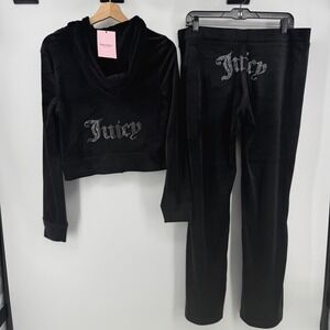 $199 Juicy Couture M/L OG Bling Black Liquorice Velour Tracksuit Hoodie Pant Set